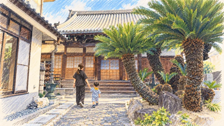 教行寺境内から本堂へ歩く親子を描いたイラスト