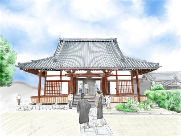 教行寺の御堂へ参拝する人々を描いたイラスト