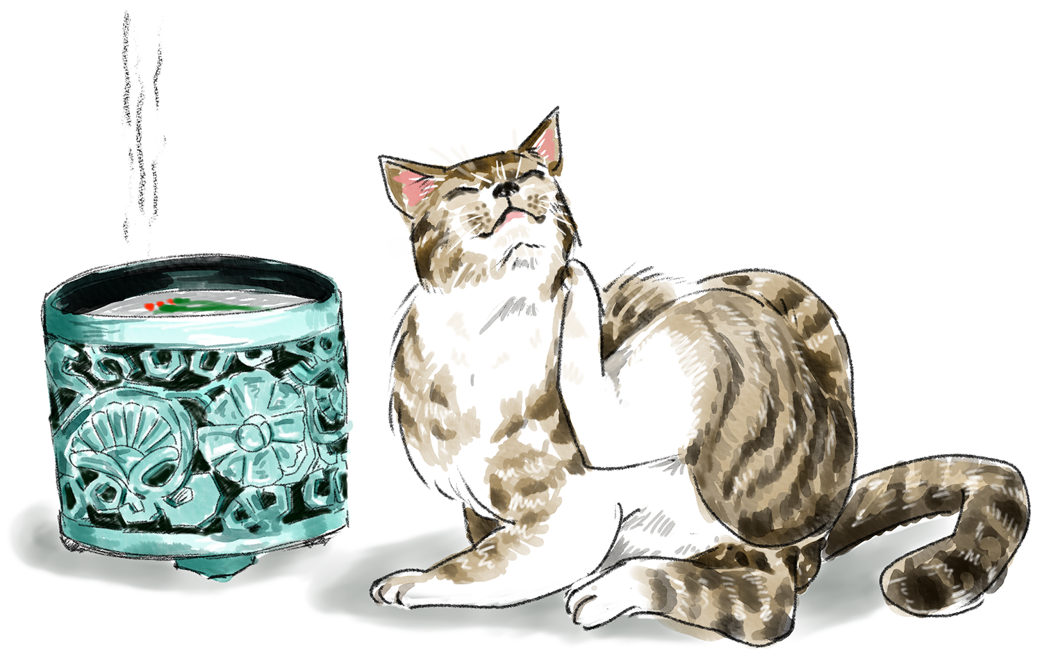 香炉のそばに座る猫のイラスト